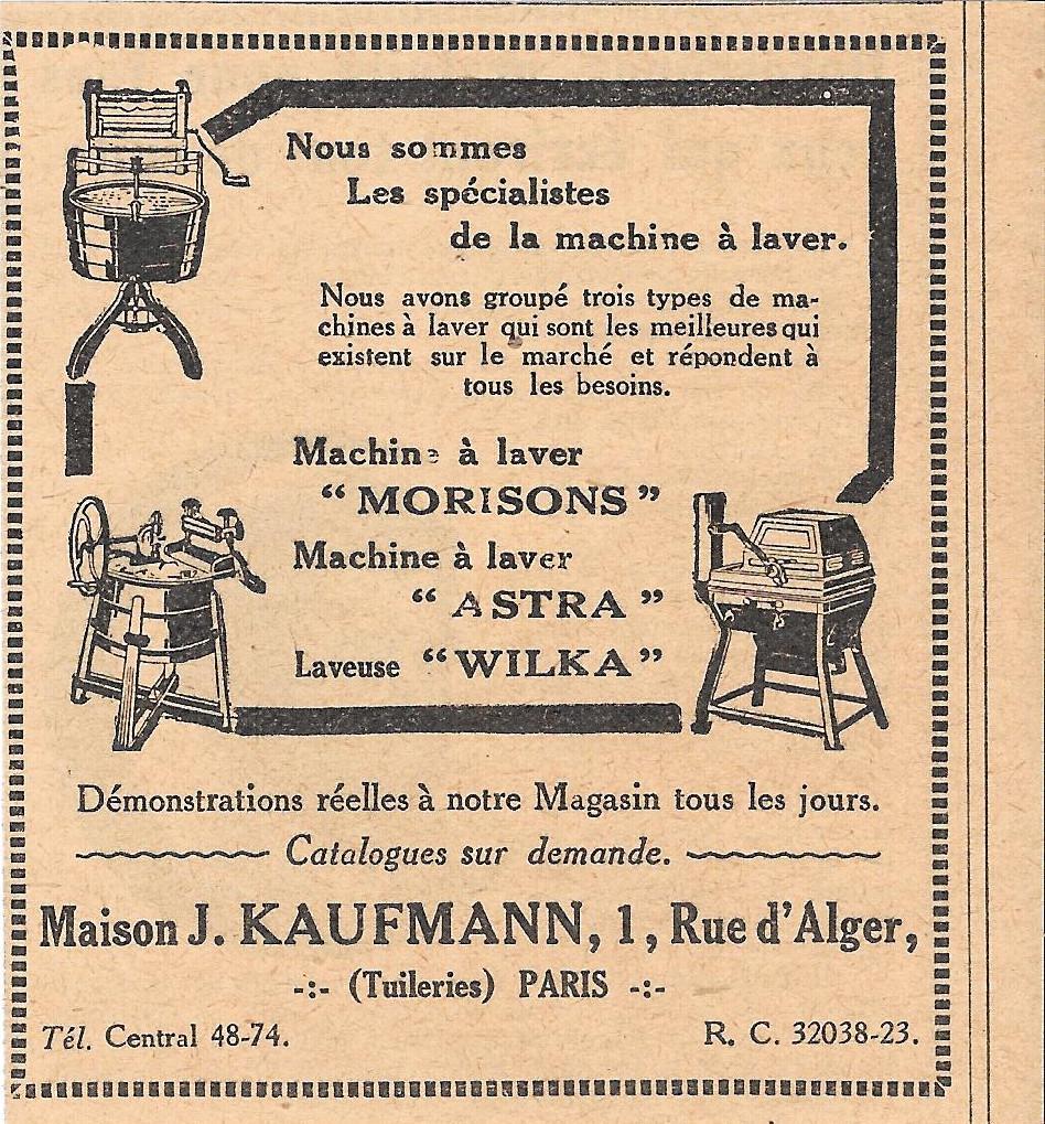 Machine a laver Morisons, Astra, Wilka. J.Kaufmann Paris. Advertising 1926