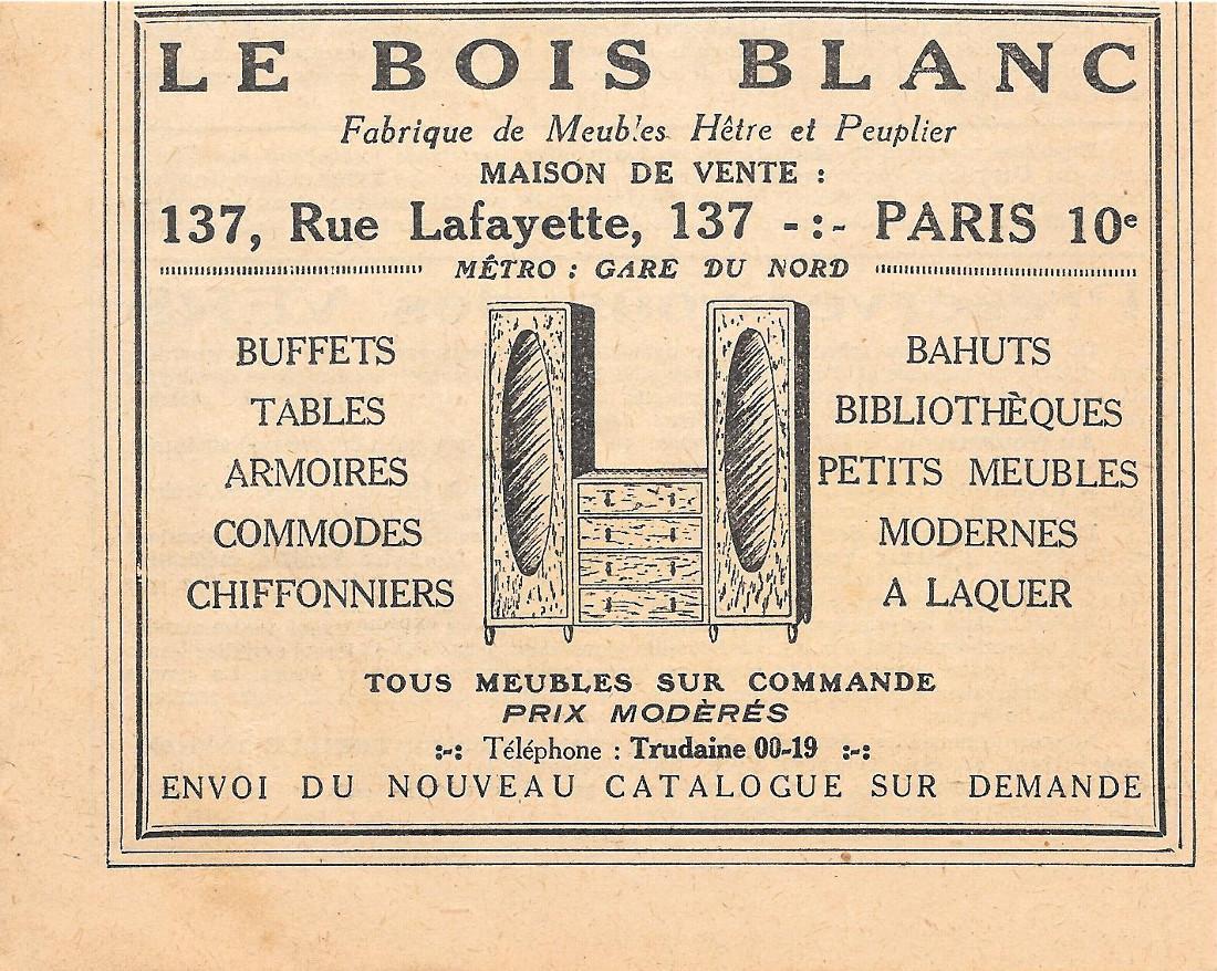 Les Bois Blanc. Fabrique de meubles hetre et peuplier. Advertising 1926