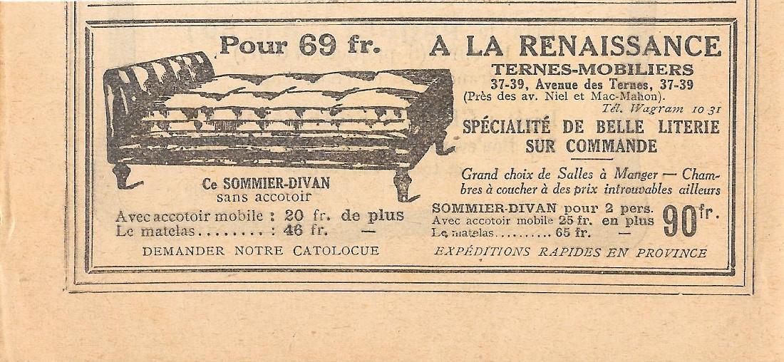 A la renaissance, ternes-mobiliers. Advertising 1926
