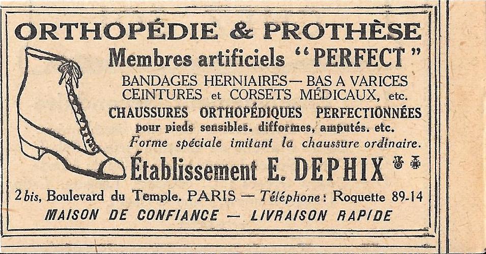 Orthopédie & prothèse. Etablissement E. Dephix. Advertising 1926