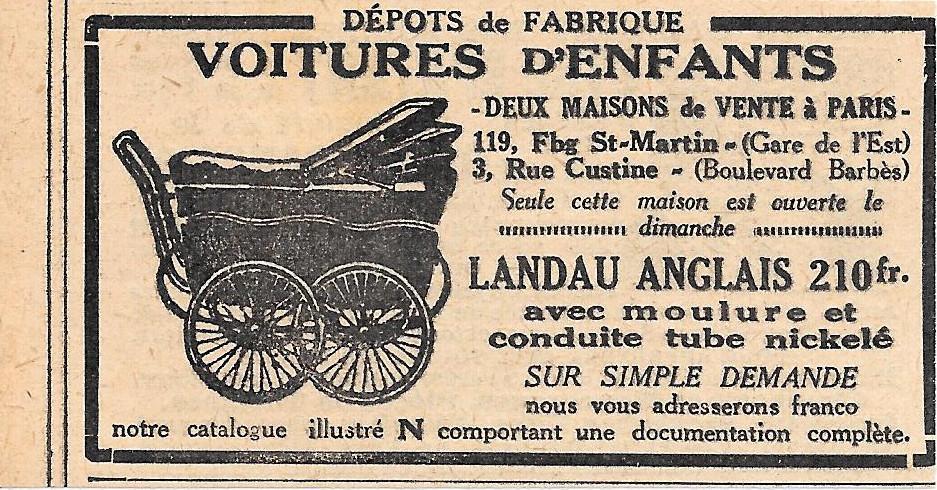Voiture d'enfats. Landau anglais a 210 fr. Advertising 1926