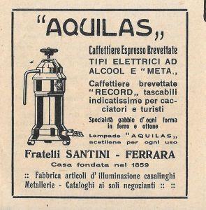 Aquilas. Caffettiere espresso brevettate. F.lli Santini Ferrara. Advertising 1937 - copertina