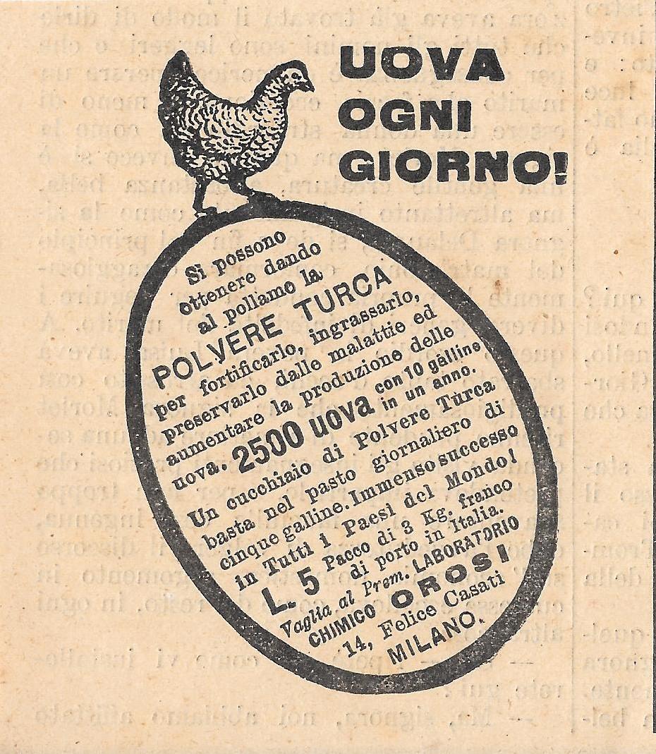 Polvere Turca. Uova ogni giorno. Lab. Chimico Orosi Milano. Advertising 1912