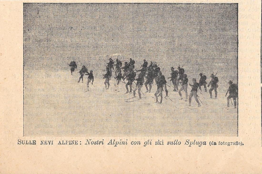 Nostri Alpini con gli ski sullo Spluga. Stampa 1912