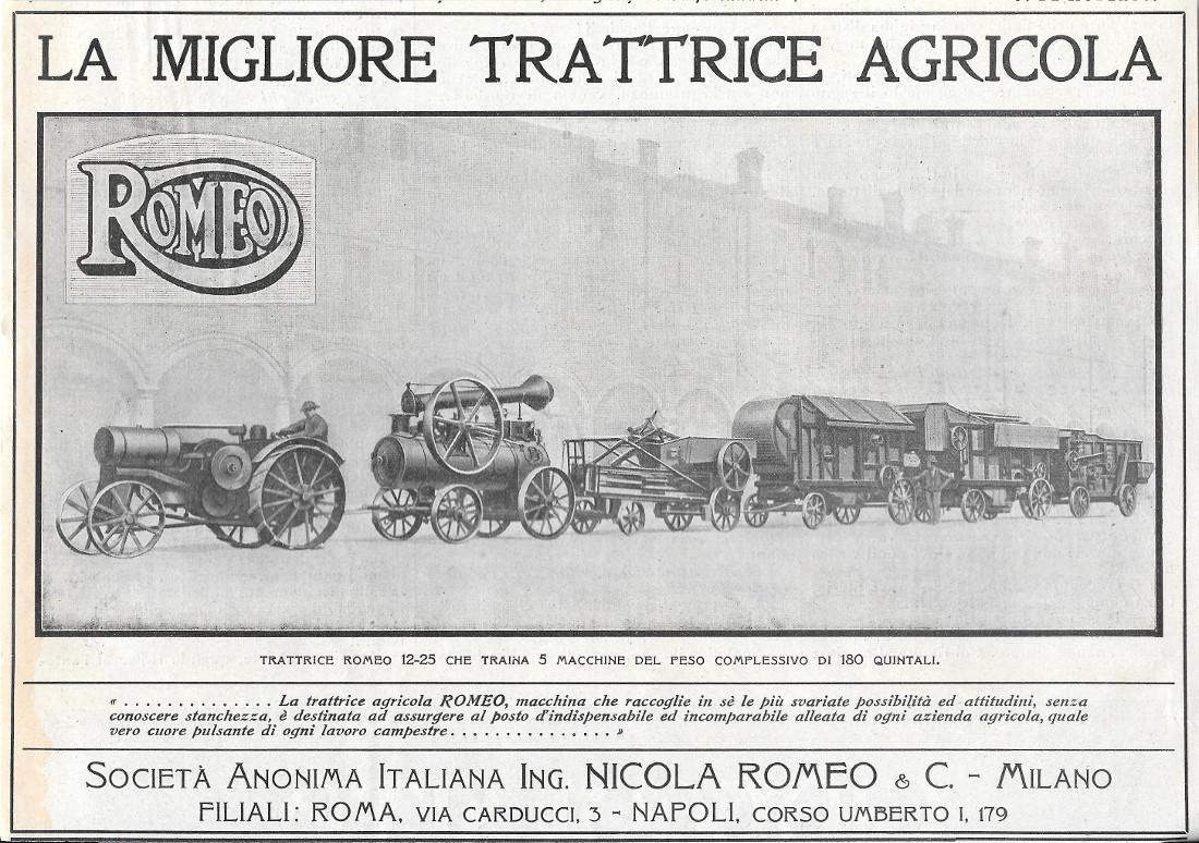 Romeo. La miglior trattrice agricola. Trattrice 12-25 traina 180 quintali. Advertising 1920
