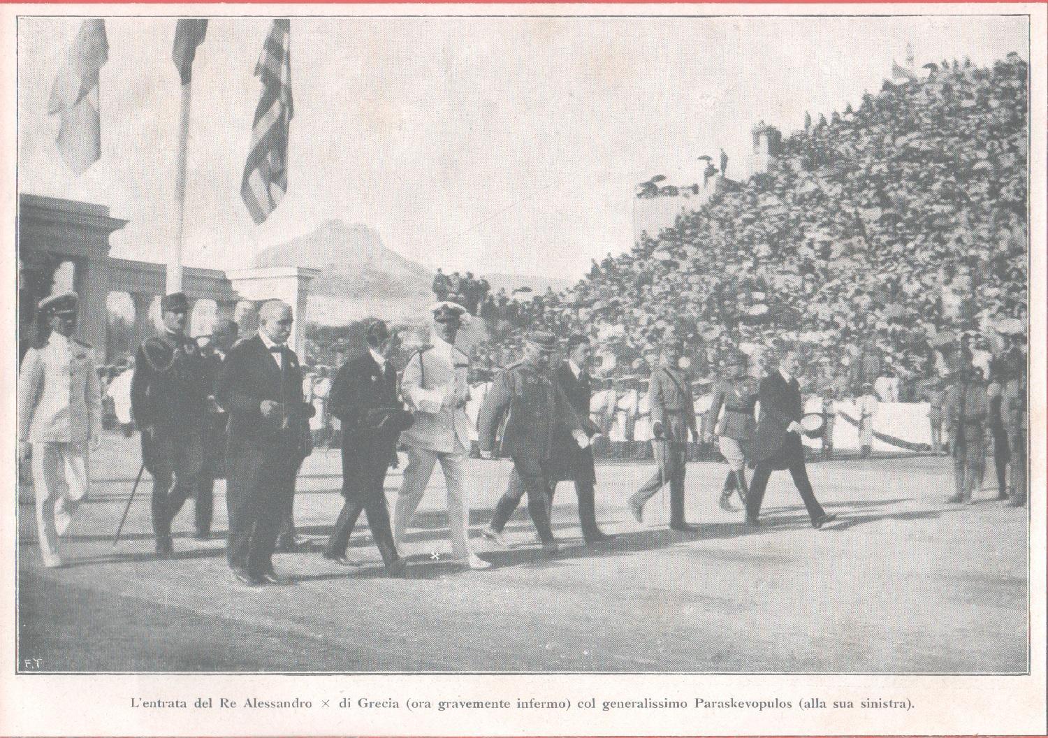 L' entrata del re Alessandro di Grecia nello stadio di Atene. Stampa 1920