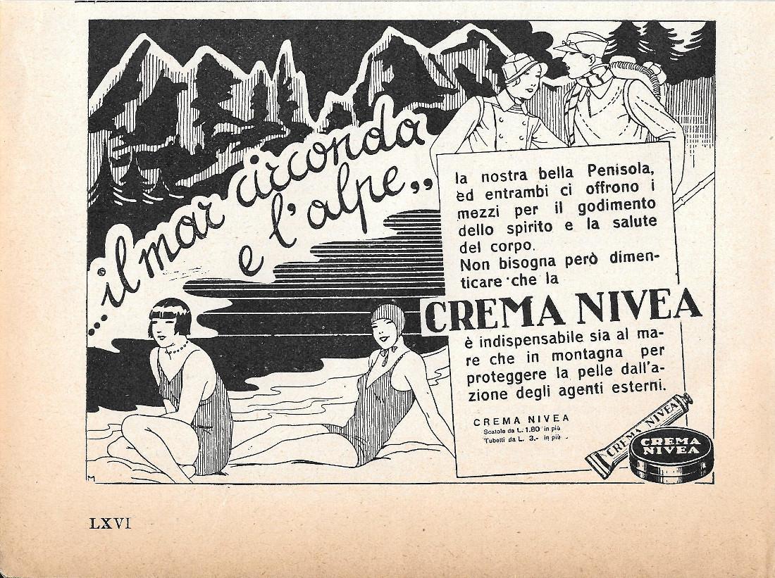 Crema Nivea ... il mare circonda e l'alpe... Advertising 1935