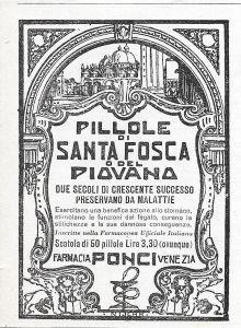 Pillole di Santa Fosca o del Piovano. Farmacia Ponci Venezia. Advertising 1936 - copertina