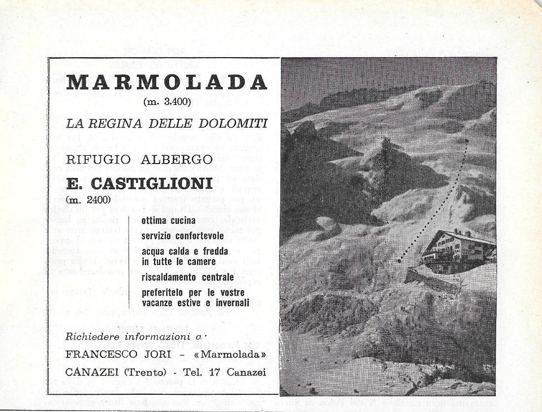 Rifugio Albergo E. Castiglioni, Marmolada. Advertising 1958