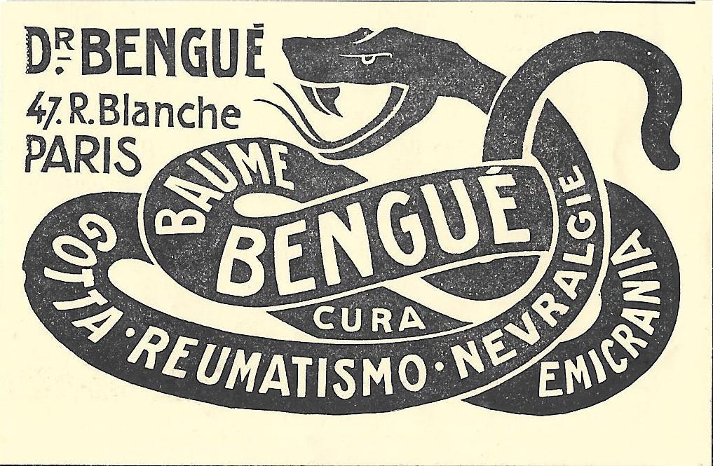 Baume Bengué cura gotta, reumatismo, nevralgie, emicrania. Advertising 1914