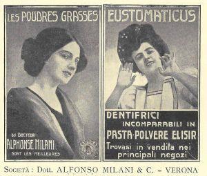 Les poudres grasses, Eustomaticus, Dentifrici. Alfonso Milani Verona. Advertising 1914 - copertina
