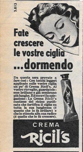 Crema Ricil's. Fate crescere le vostre ciglia dormendo. Advertising 1956 - copertina