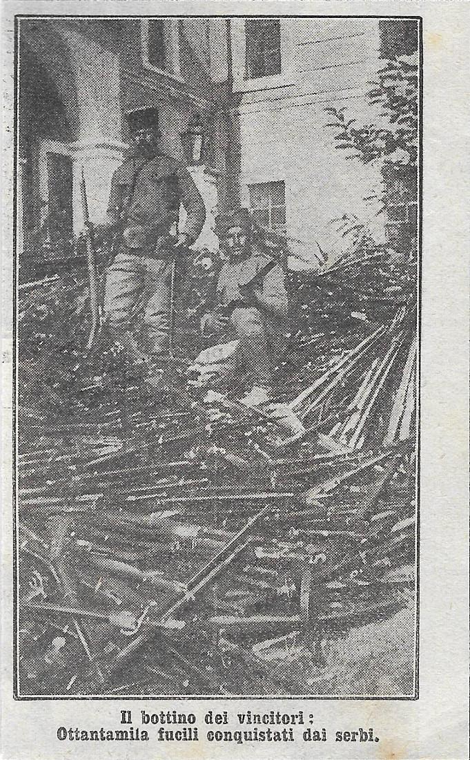 Il bottino dei vincitori. Ottantamila fucili conquistati dai serbi. Stampa 1912