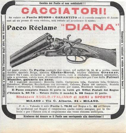 Cacciatori! Pacco Réclame Diana. Advertising 1912 - copertina