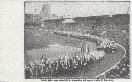 Inizio delle gare mondiali di ginnastica nel nuovo stadio di Stoccolma. Stampa 1912 - copertina