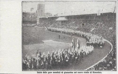 Inizio delle gare mondiali di ginnastica nel nuovo stadio di Stoccolma. Stampa 1912 - copertina
