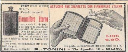 Astuccio per sigarette con fiammefero eterno. Advertising 1912 - copertina