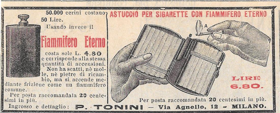 Astuccio per sigarette con fiammefero eterno. Advertising 1912