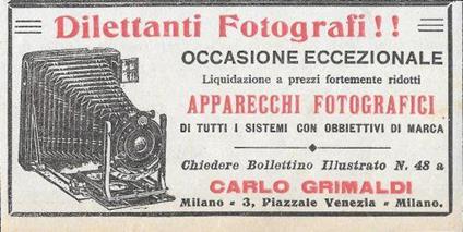 Dilettanti fotografi, apparecchi fotografici Carlo Grimaldi. Advertising 1912 - copertina