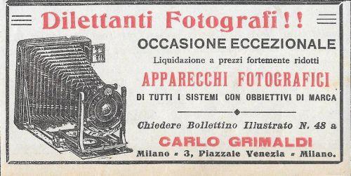 Dilettanti fotografi, apparecchi fotografici Carlo Grimaldi. Advertising 1912 - copertina