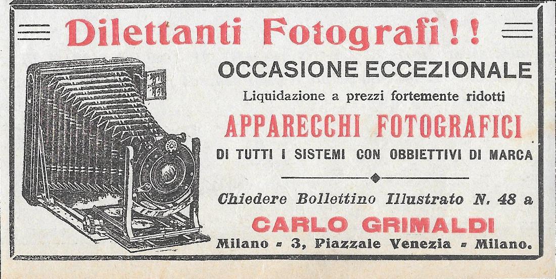 Dilettanti fotografi, apparecchi fotografici Carlo Grimaldi. Advertising 1912