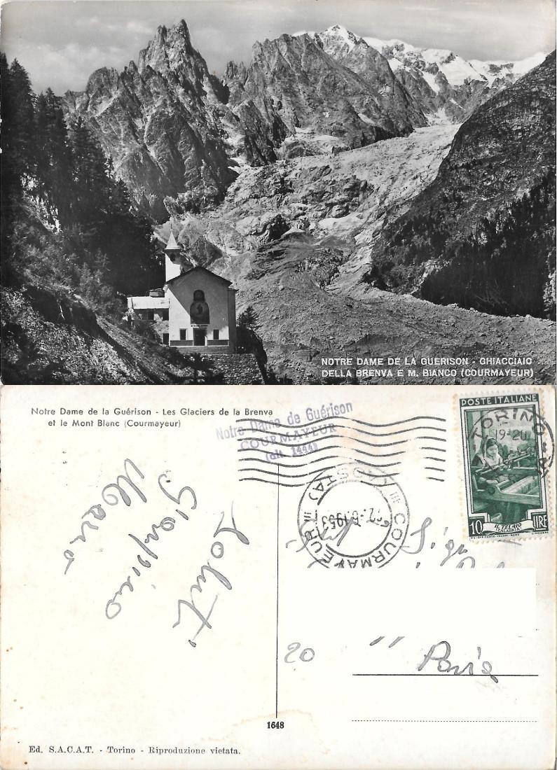 Courmayeur. N.D. de la Guerison, ghiacciaio della Brenva e m. Bianco. Viaggiata 1953