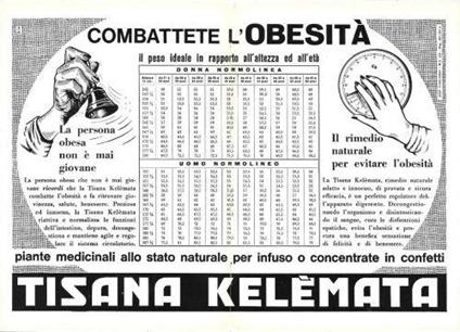 Tisana Kelemata. Combattere l'obesità. Advertising 1960 - copertina