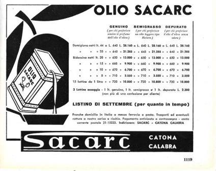 Olio Sacarc. Catona. Advertising 1960 - copertina
