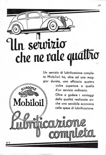 Mobiloil lubrificazione completa/Esso rifornimenti ovunque. Advertising 1937 fronte retro - copertina