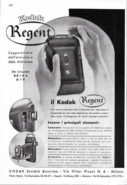 Kodak Regent/Società Nazionale dei Radiatori. Advertising 1942 fronte retro - copertina
