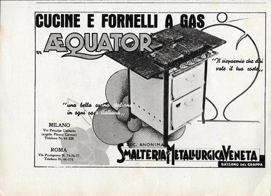 Aequator. Cucine e fornelli a gas. Smalteria e Metallurgica Veneta. Advertising 1942 - copertina