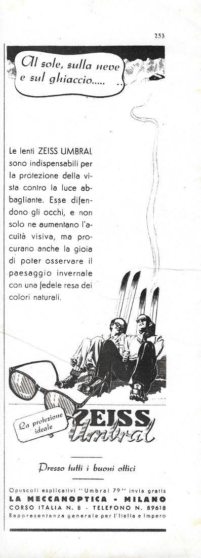 Al sole, sulla neve e sul ghiaccio lenti Zeiss Umbral. Advertising 1942 - copertina
