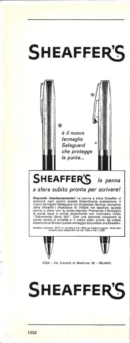 Sheaffer's stilografica BP2/Linetti profumi. Advertising 1963 fronte retro