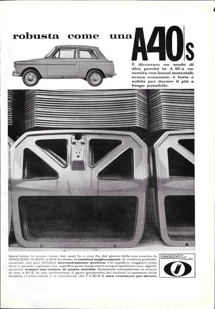 Robusta come una A40S. Innocenti Austin. Advertising 1964 - copertina