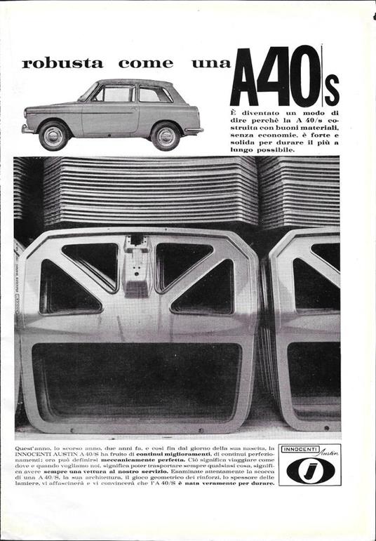 Robusta come una A40S. Innocenti Austin. Advertising 1964 - copertina