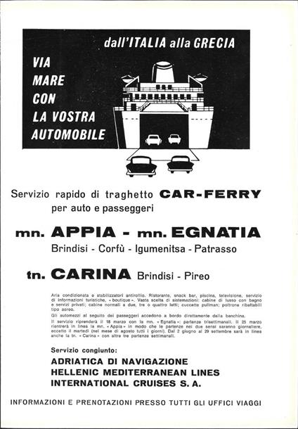 Traghetti per la Grecia. Appia, Egnatia, Carina. Advertising 1964 - copertina