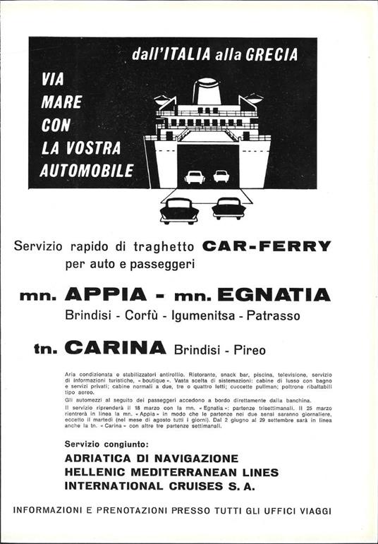 Traghetti per la Grecia. Appia, Egnatia, Carina. Advertising 1964 - copertina