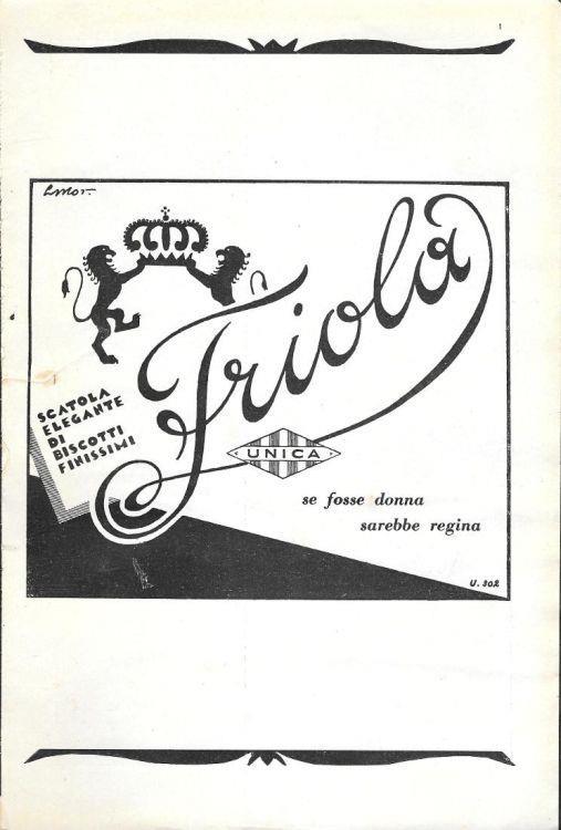 Biscotti Friola. Unica. Advertising 1930 - copertina