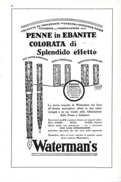 Waterman's. Penne in ebanite colorata. Advertising 1930 - copertina
