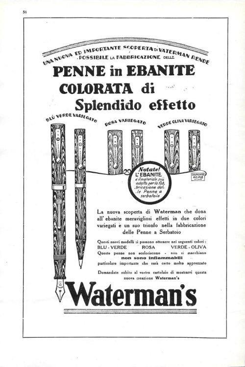 Waterman's. Penne in ebanite colorata. Advertising 1930 - copertina