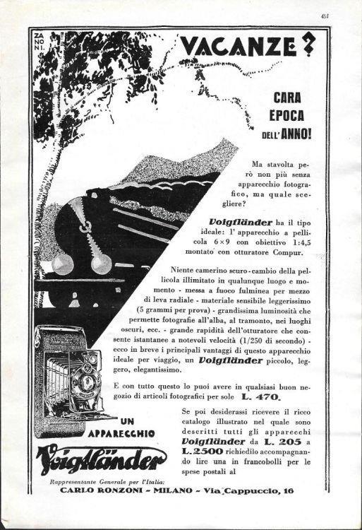 Vacanze con un apparecchio Voigtlander. Advertising 1930 - copertina