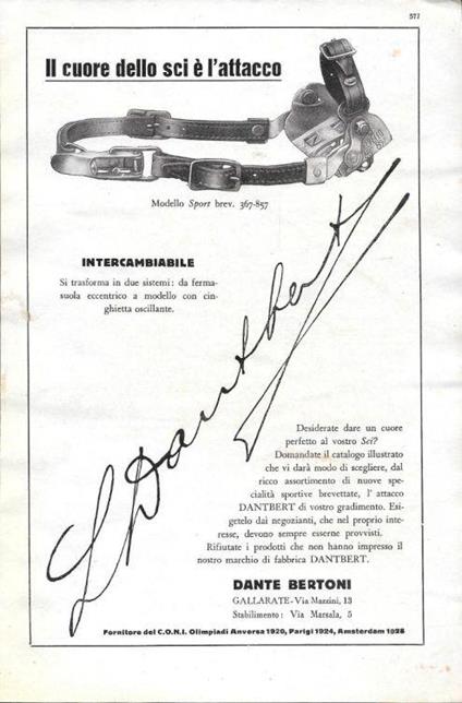 Dantbert. Il cuore dello sci è l'attacco. Ditta Dante Bertoni. Advertising 1930 - copertina