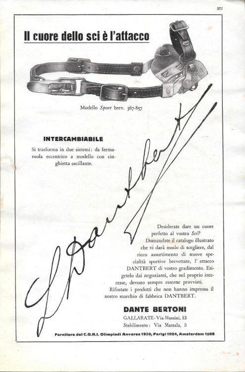 Dantbert. Il cuore dello sci è l'attacco. Ditta Dante Bertoni. Advertising 1930 - copertina