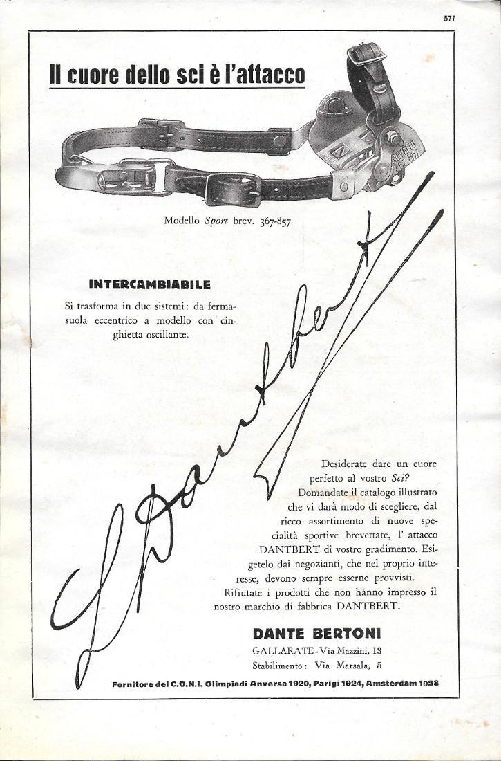 Dantbert. Il cuore dello sci è l'attacco. Ditta Dante Bertoni. Advertising 1930