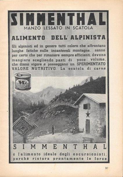 Simmenthal. Manzo lessato in scatola, l'alimento dell'alpinista. Advertising 1935 - copertina