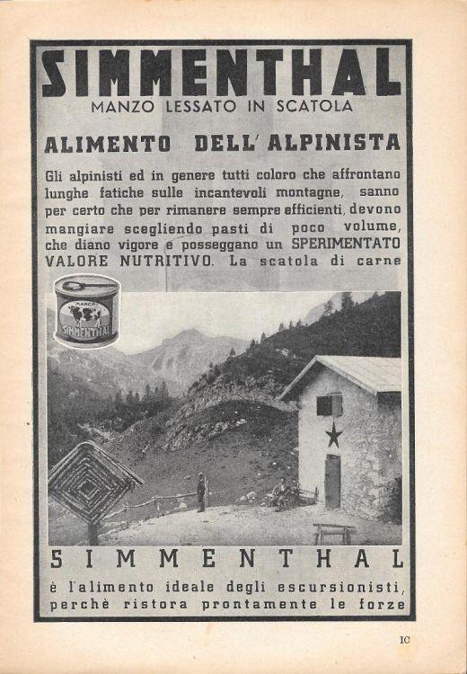 Simmenthal. Manzo lessato in scatola, l'alimento dell'alpinista. Advertising 1935 - copertina