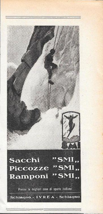 SMI. Sacchi, picozze, ramponi. Advertising 1935 - copertina