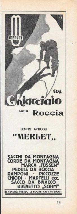 Merlet. Sul ghiaccio sulla roccia. Advertising 1935 - copertina