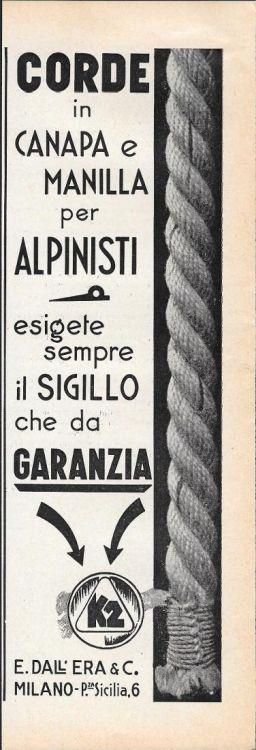 K2. Corde in canapa e manilla per alpinisti. Advertising 1935 - copertina