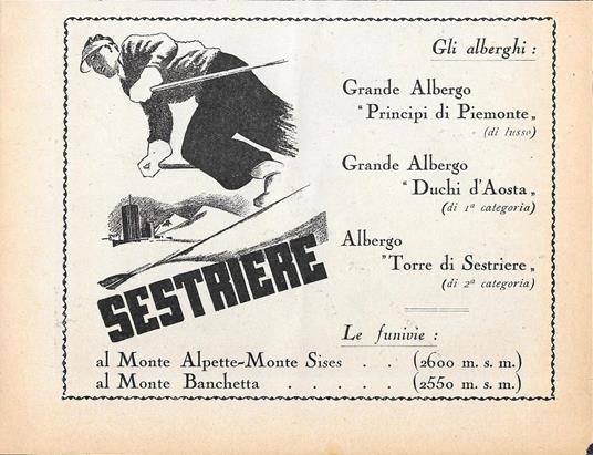 Sestriere . Gli Alberghi . Le Funivie / Ettore Moretti. Advertising 1936 - copertina